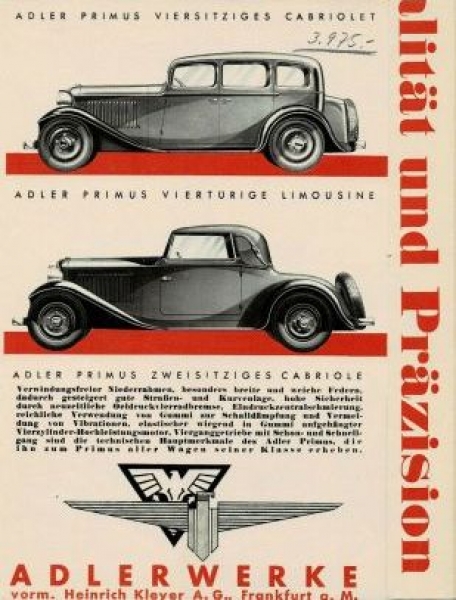 Adler Standard 8 Gropius Limousine Modellprogramm 1934  "Adler baut" Automobilprospekt (7012)